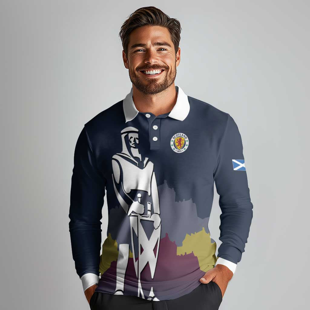Custom Scotland Football Long Sleeve Polo Shirt William Wallace Statue Edinburgh Castle Art