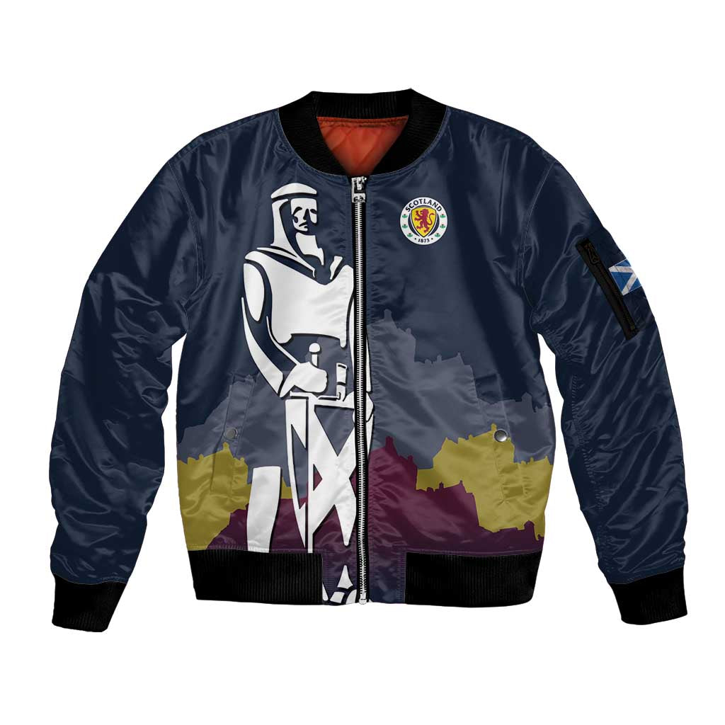 Custom Scotland Football Sleeve Zip Bomber Jacket William Wallace Statue Edinburgh Castle Art