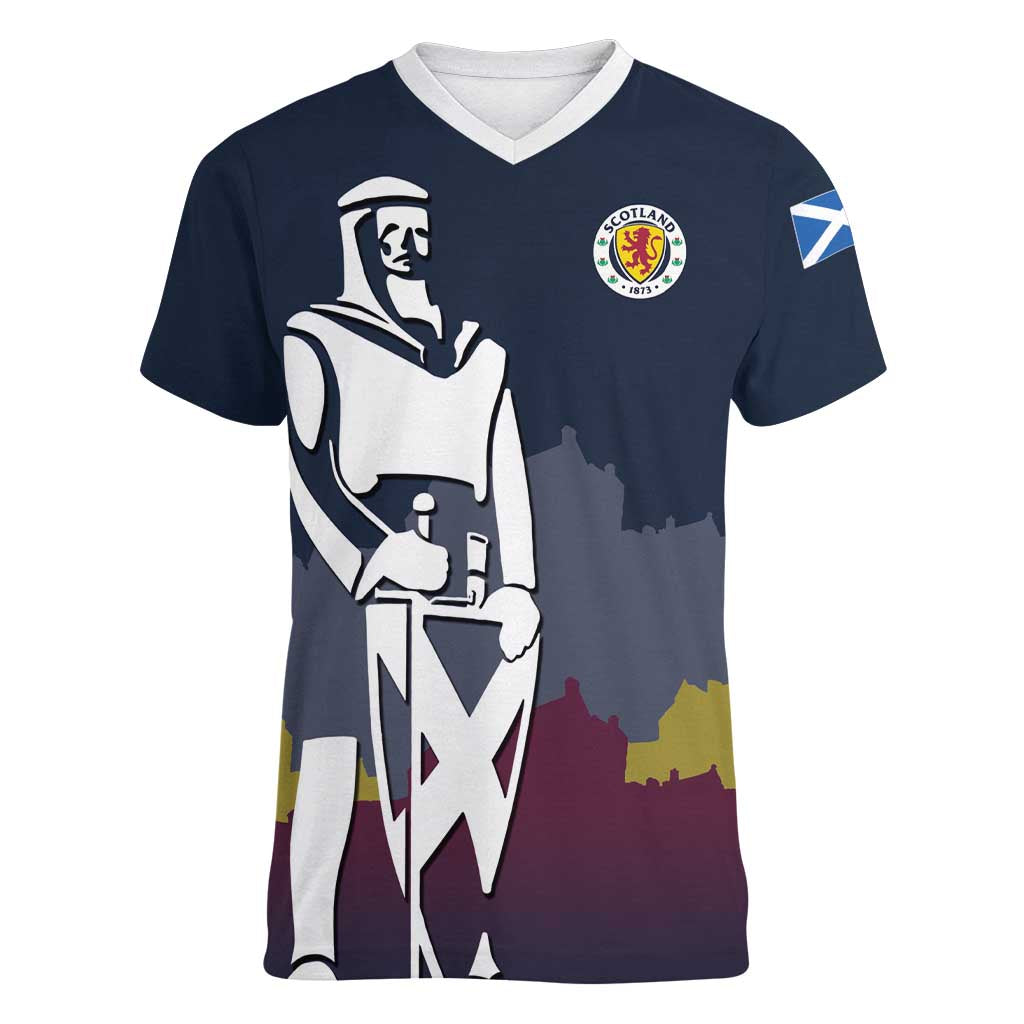 Custom Scotland Football Women V-Neck T-Shirt William Wallace Statue Edinburgh Castle Art