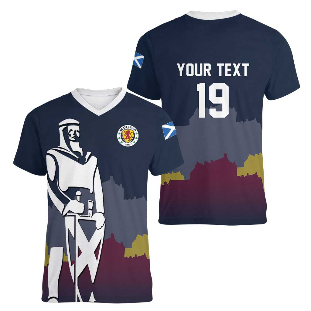 Custom Scotland Football Women V-Neck T-Shirt William Wallace Statue Edinburgh Castle Art