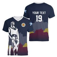 Custom Scotland Football Women V-Neck T-Shirt William Wallace Statue Edinburgh Castle Art