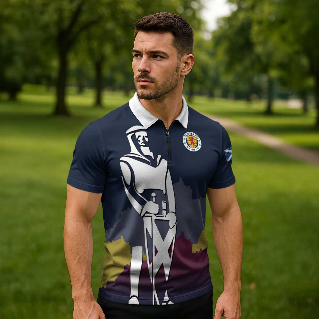 Custom Scotland Football Zipper Polo Shirt William Wallace Statue Edinburgh Castle Art