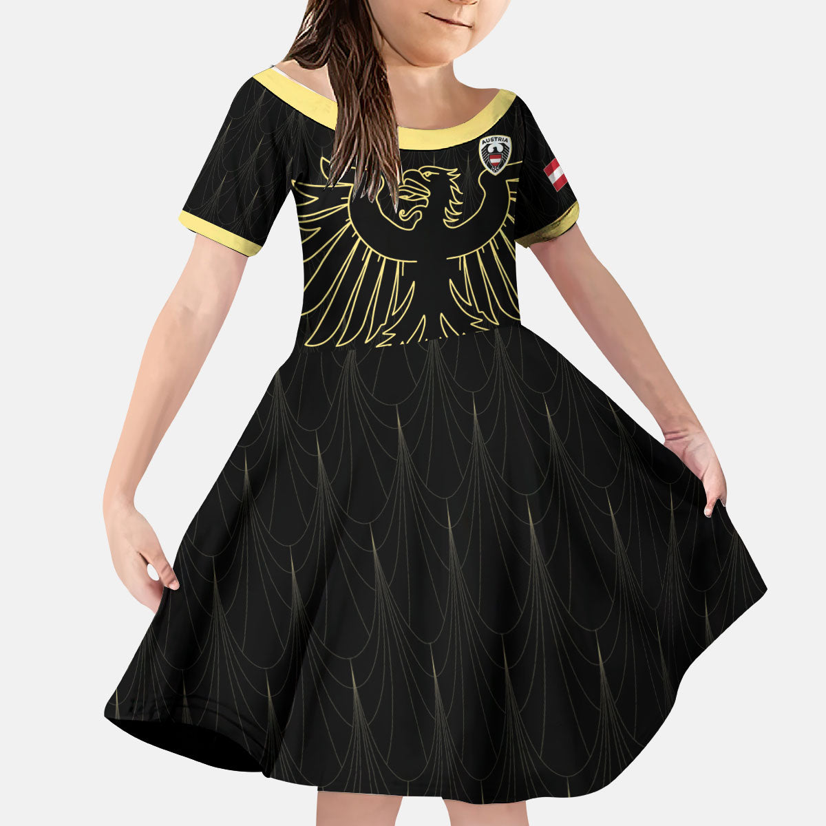 Custom World Football 2026 Austria Kid Short Sleeve Dress Austrian Eagles Black Glory