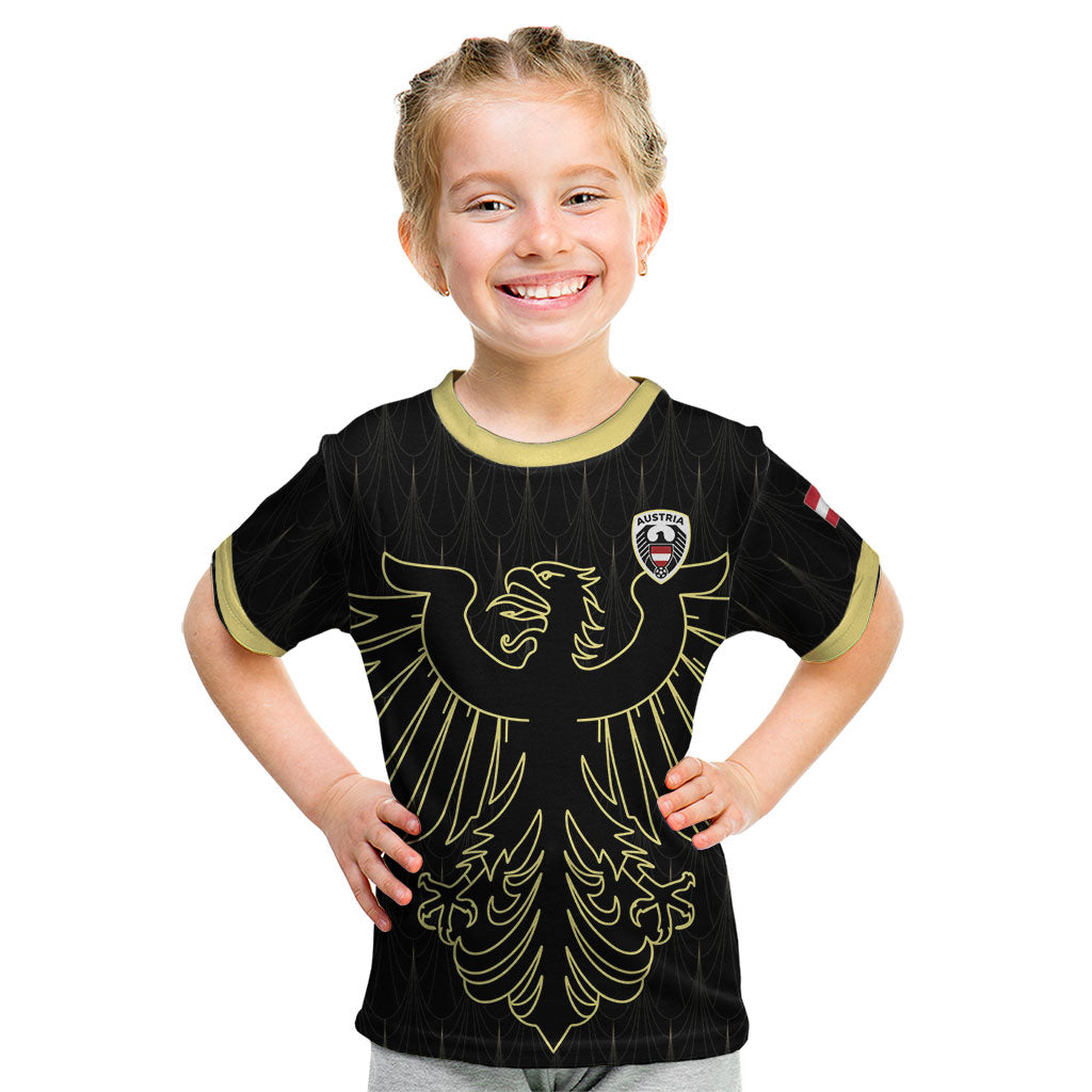 Custom World Football 2026 Austria Kid T Shirt Austrian Eagles Black Glory