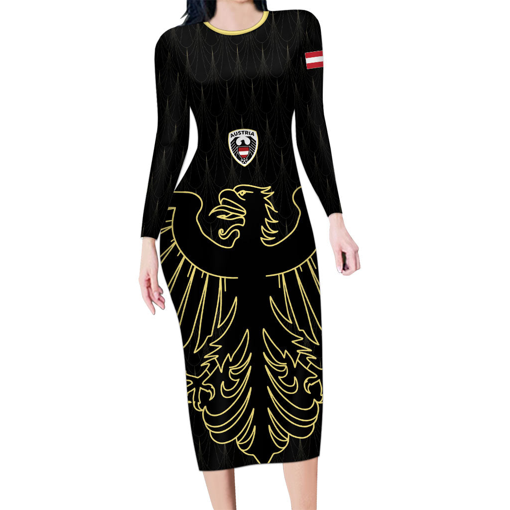 Custom World Football 2026 Austria Long Sleeve Bodycon Dress Austrian Eagles Black Glory