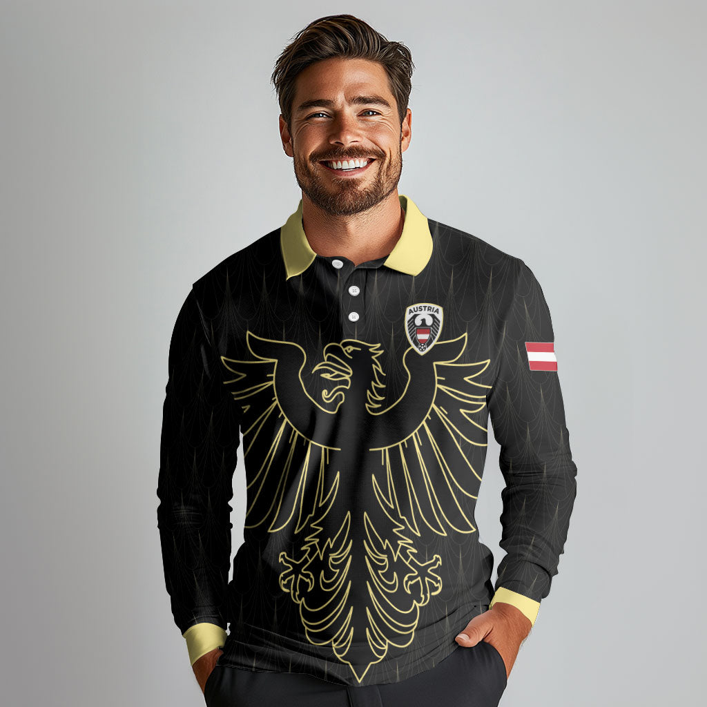 Custom World Football 2026 Austria Long Sleeve Polo Shirt Austrian Eagles Black Glory