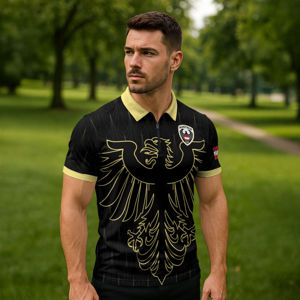 Custom World Football 2026 Austria Zipper Polo Shirt Austrian Eagles Black Glory