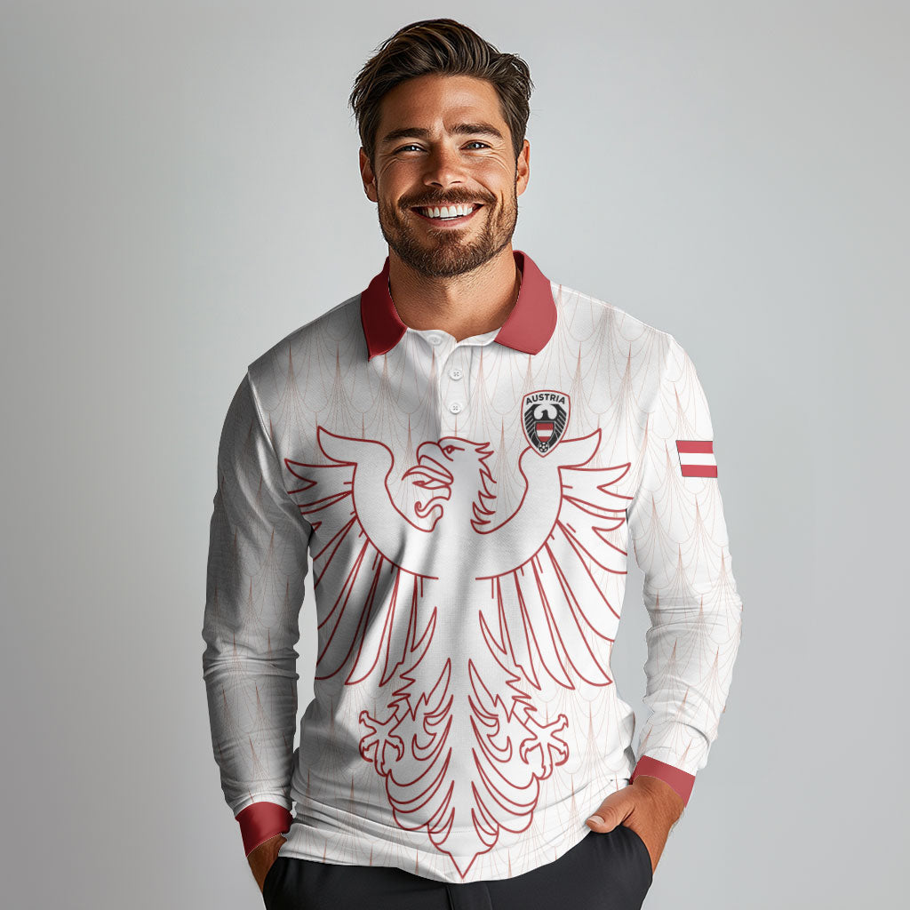 Custom World Football 2026 Austria Long Sleeve Polo Shirt Austrian Eagles White Glory
