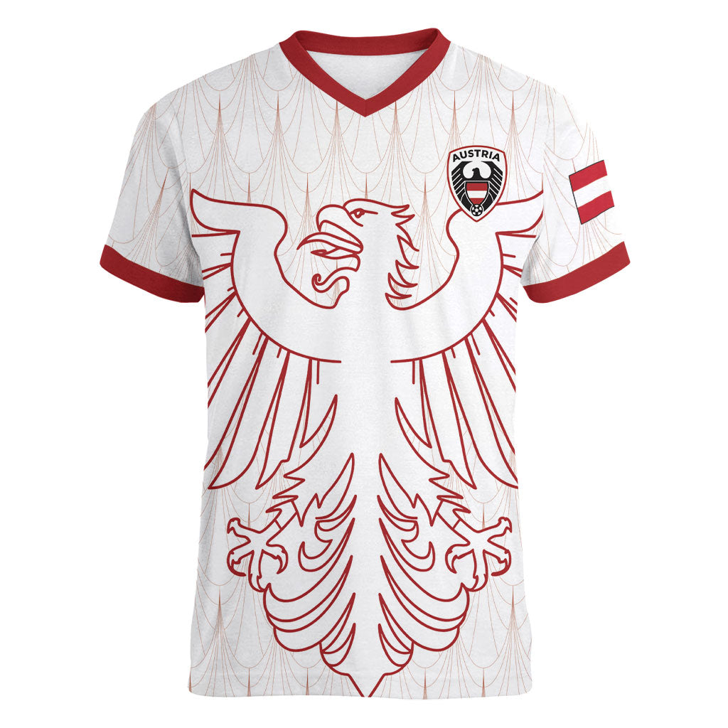 Custom World Football 2026 Austria Women V-Neck T-Shirt Austrian Eagles White Glory