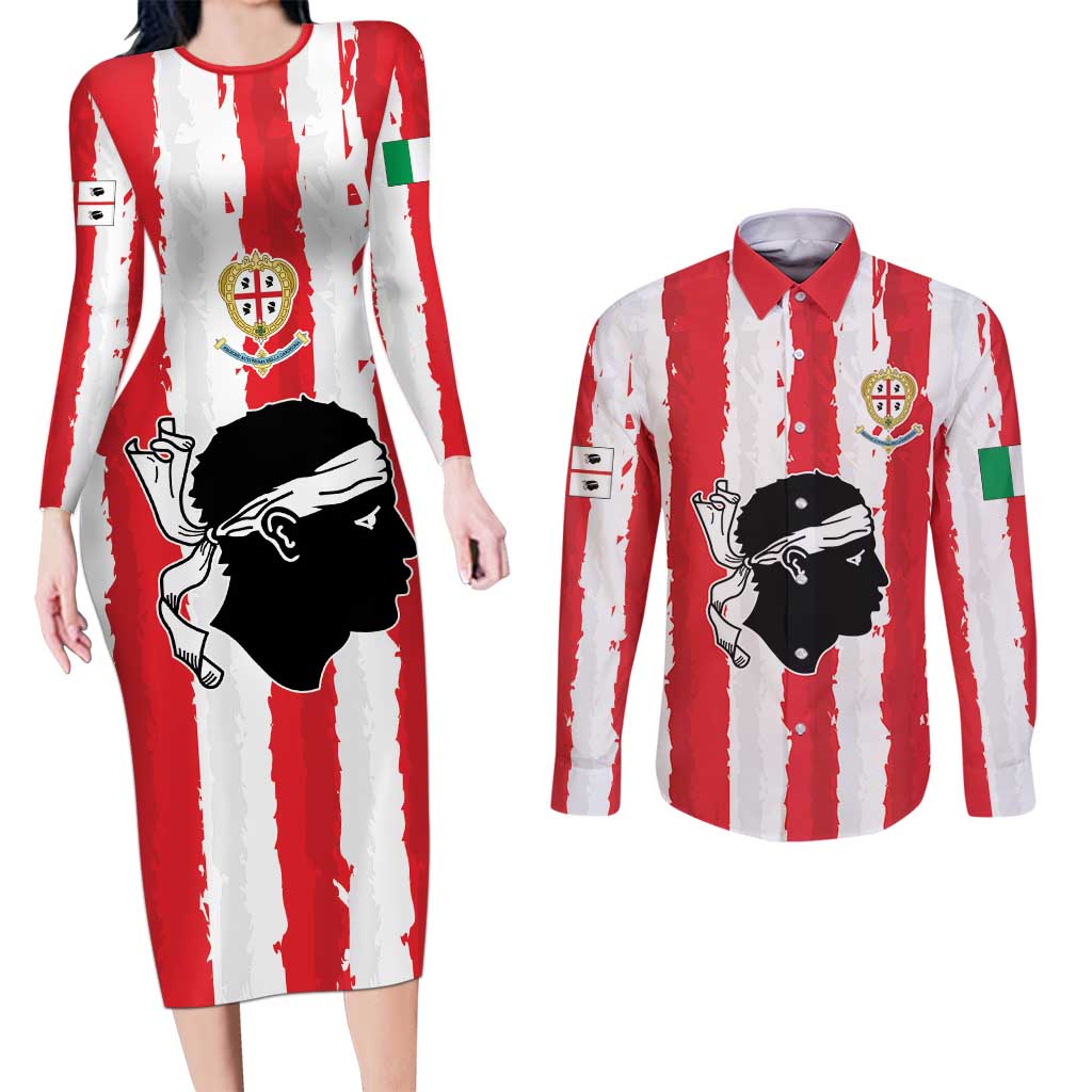 Italy Sardinia Couples Matching Long Sleeve Bodycon Dress and Long Sleeve Button Shirt Moor's Head With Coat Of Arms LT19