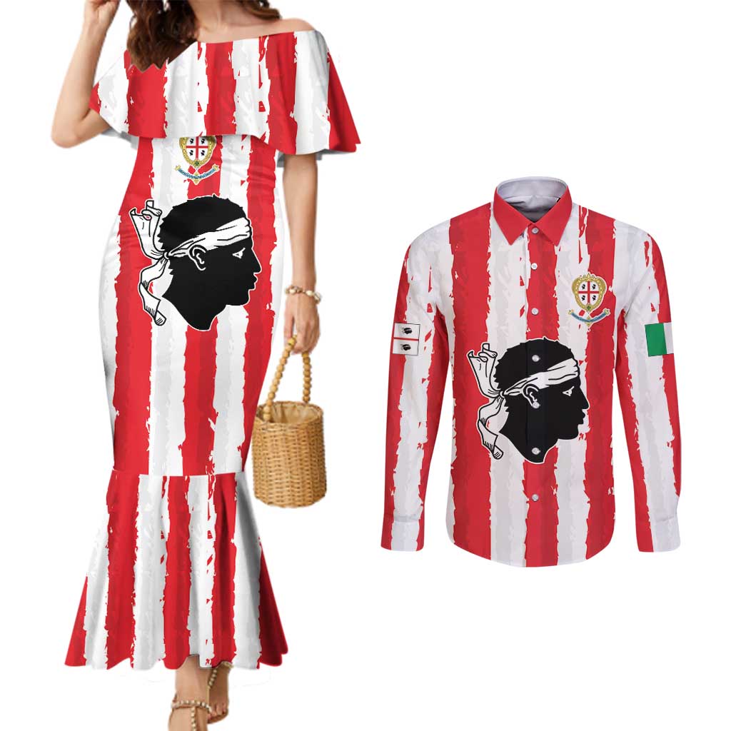 Italy Sardinia Couples Matching Mermaid Dress and Long Sleeve Button Shirt Moor's Head With Coat Of Arms LT19