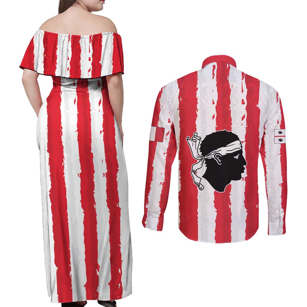 Italy Sardinia Couples Matching Off Shoulder Maxi Dress and Long Sleeve Button Shirt Moor's Head With Coat Of Arms LT19