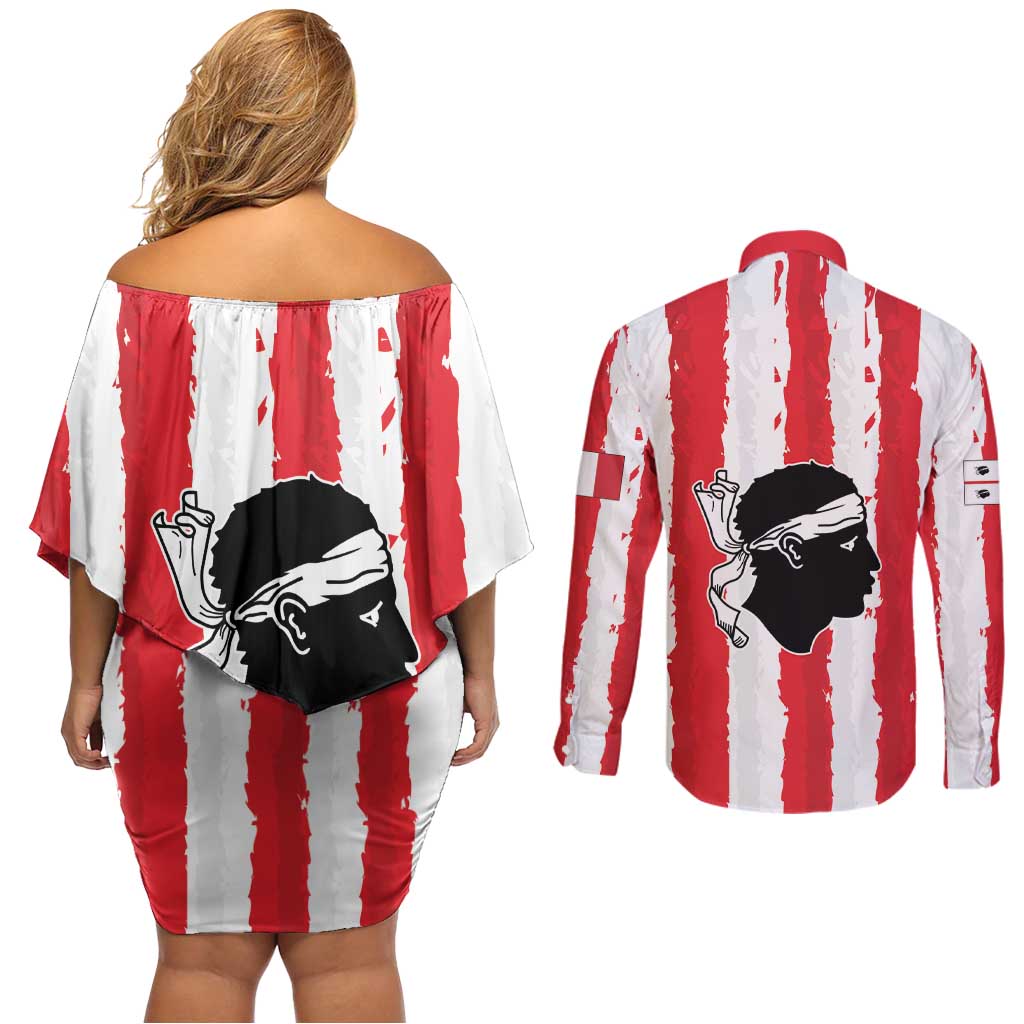 Italy Sardinia Couples Matching Off Shoulder Short Dress and Long Sleeve Button Shirt Moor's Head With Coat Of Arms LT19