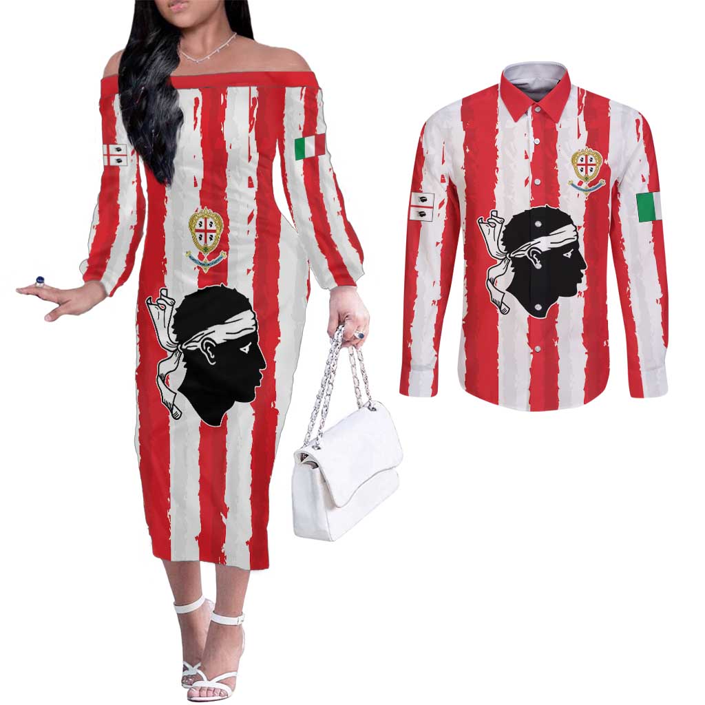 Italy Sardinia Couples Matching Off The Shoulder Long Sleeve Dress and Long Sleeve Button Shirt Moor's Head With Coat Of Arms LT19