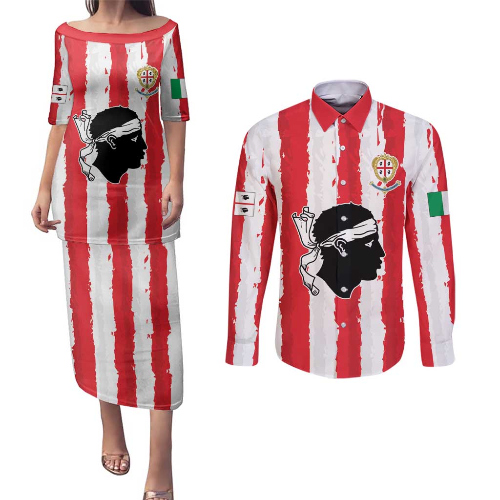 Italy Sardinia Couples Matching Puletasi and Long Sleeve Button Shirt Moor's Head With Coat Of Arms LT19