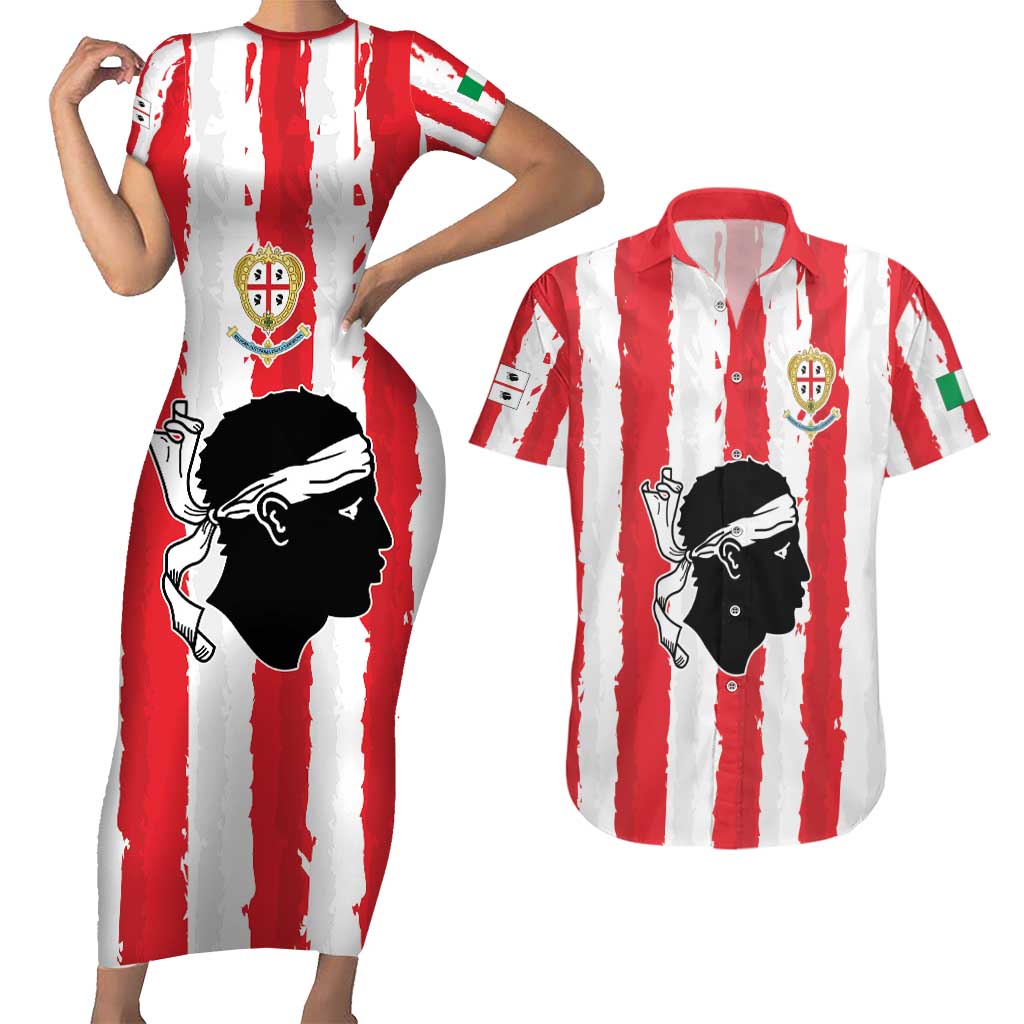 Italy Sardinia Couples Matching Short Sleeve Bodycon Dress and Hawaiian Shirt Moor's Head With Coat Of Arms LT19