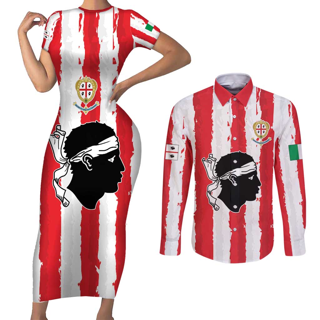 Italy Sardinia Couples Matching Short Sleeve Bodycon Dress and Long Sleeve Button Shirt Moor's Head With Coat Of Arms LT19