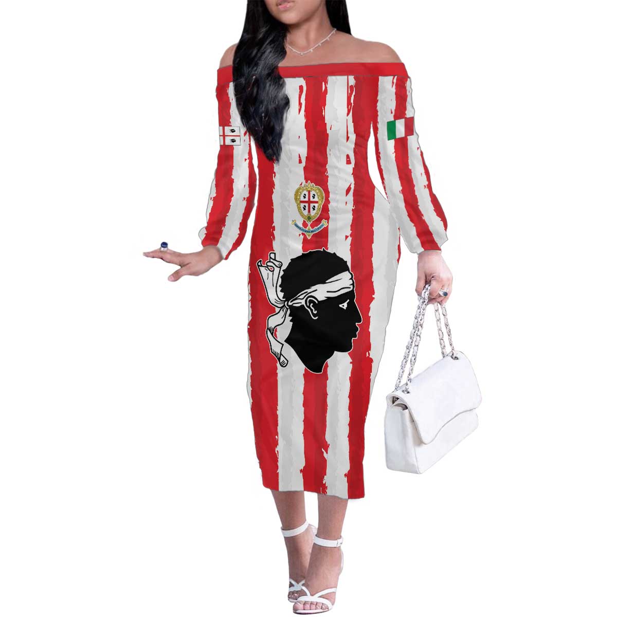 Italy Sardinia Family Matching Off The Shoulder Long Sleeve Dress and Hawaiian Shirt Moor's Head With Coat Of Arms LT19