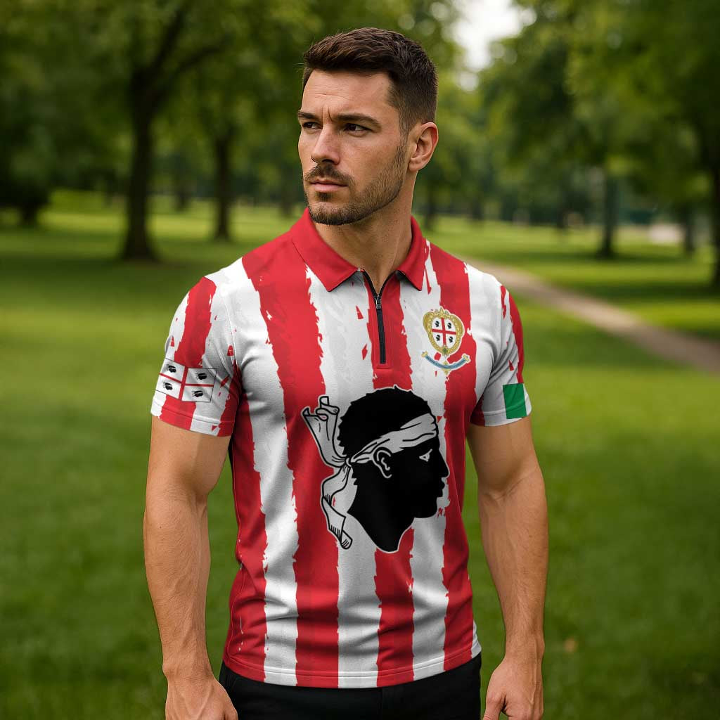 Italy Sardinia Zipper Polo Shirt Moor's Head With Coat Of Arms - Wonder Print Shop