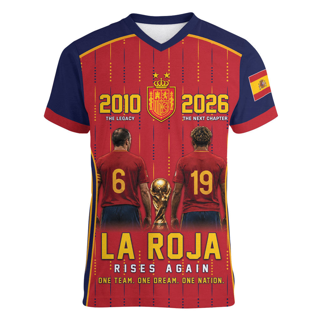 Custom Spain La Roja Football Women V-Neck T-Shirt 2010 Legacy 2026 Next Chapter
