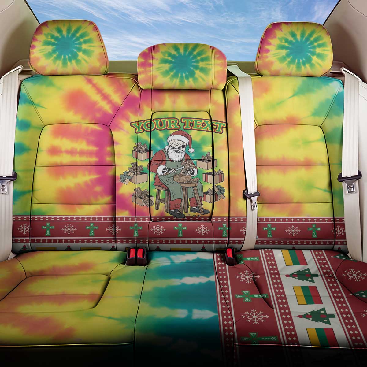 Personalized Lithuania Christmas Back Car Seat Cover Skeleton Cross Tie-Dye Vintage - Wonder Print Shop