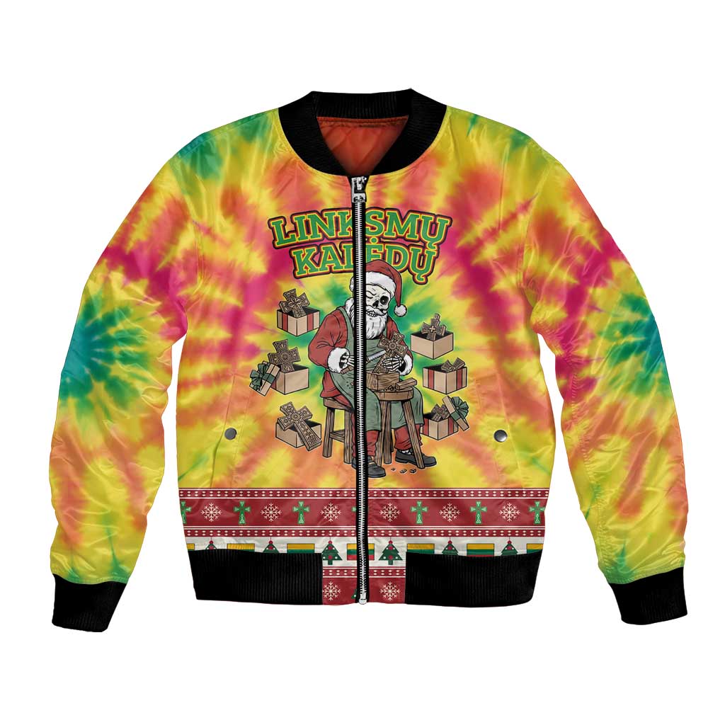 Personalized Lithuania Christmas Bomber Jacket Skeleton Cross Tie-Dye Vintage - Wonder Print Shop
