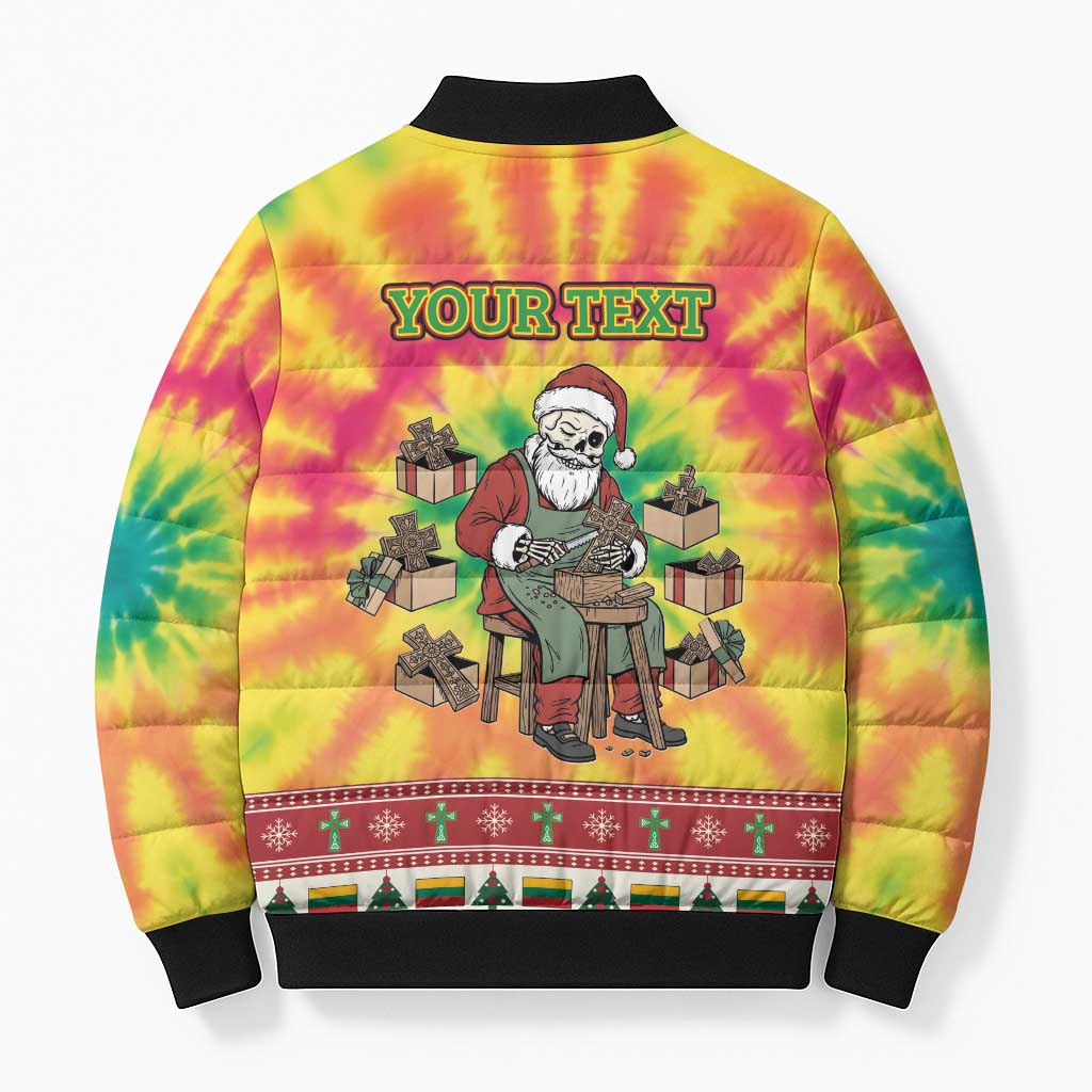 Personalized Lithuania Christmas Bomber Puffer Jacket Skeleton Cross Tie-Dye Vintage - Wonder Print Shop