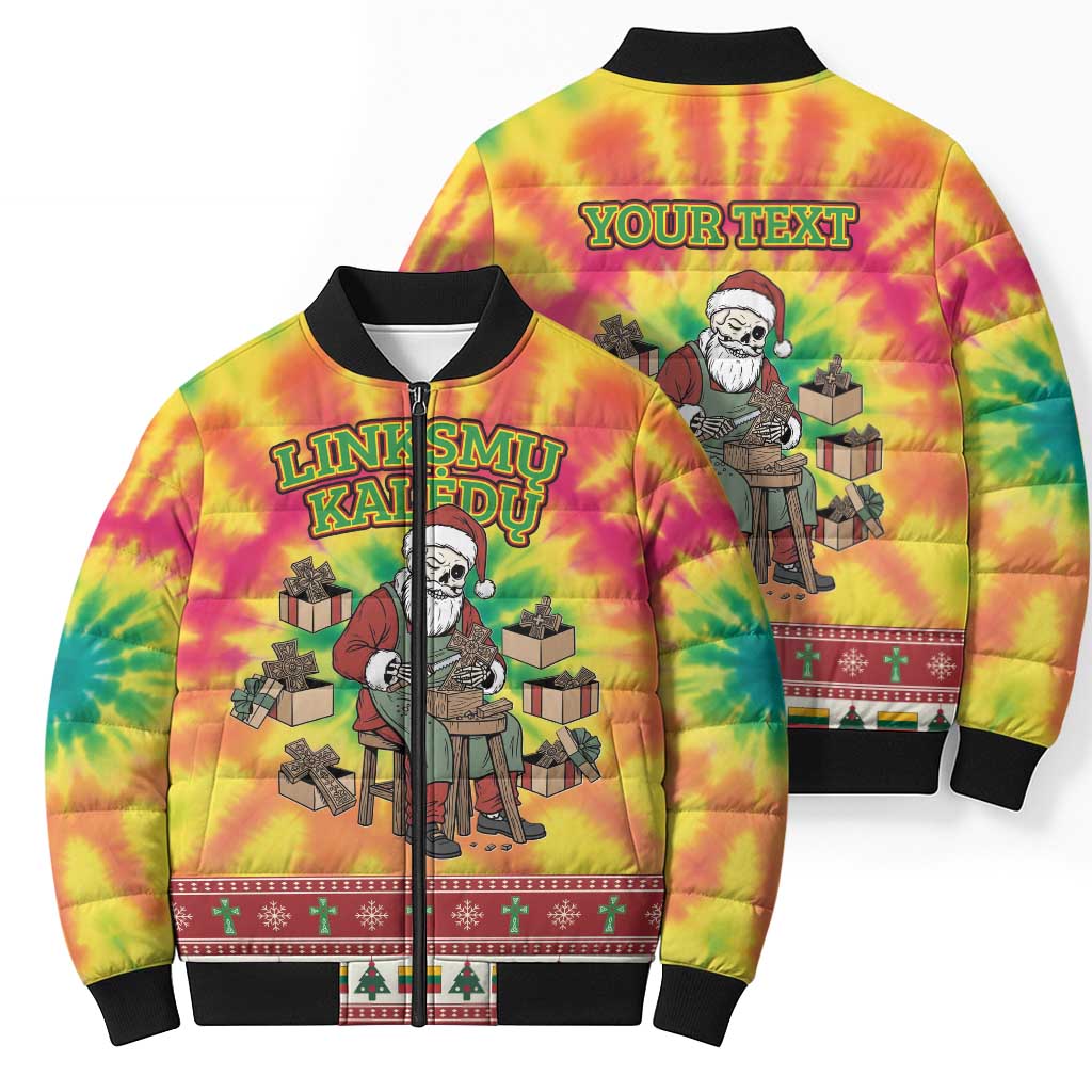 Personalized Lithuania Christmas Bomber Puffer Jacket Skeleton Cross Tie-Dye Vintage - Wonder Print Shop