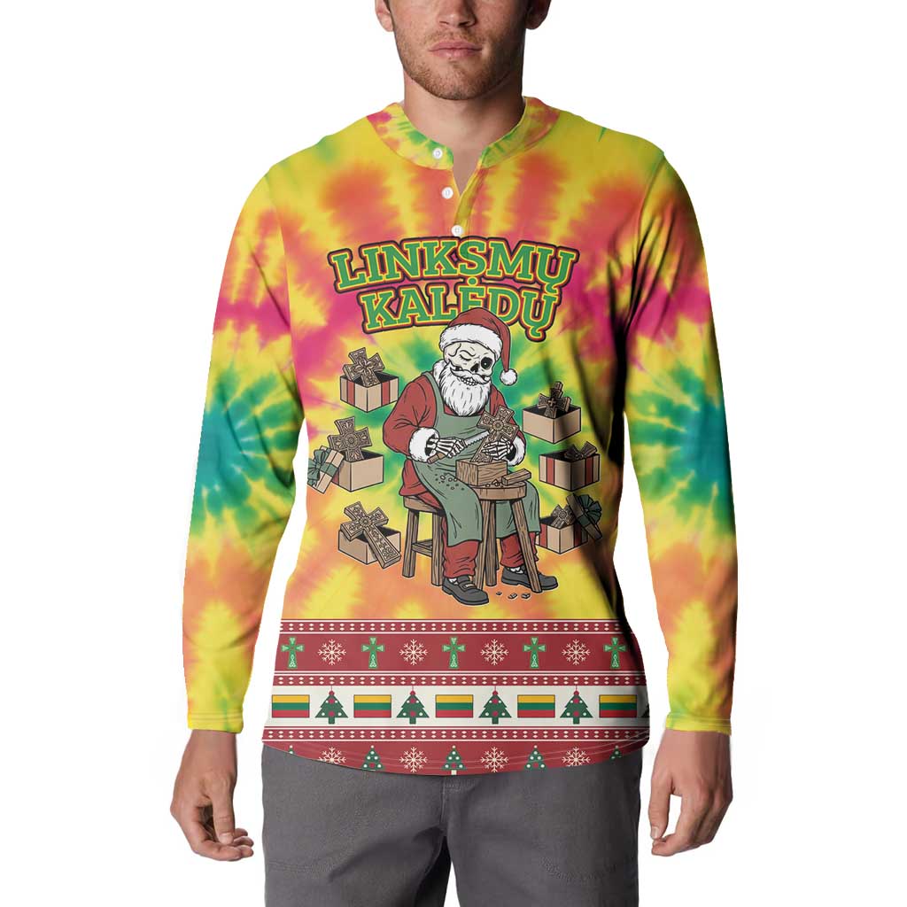Personalized Lithuania Christmas Button Sweatshirt Skeleton Cross Tie-Dye Vintage - Wonder Print Shop