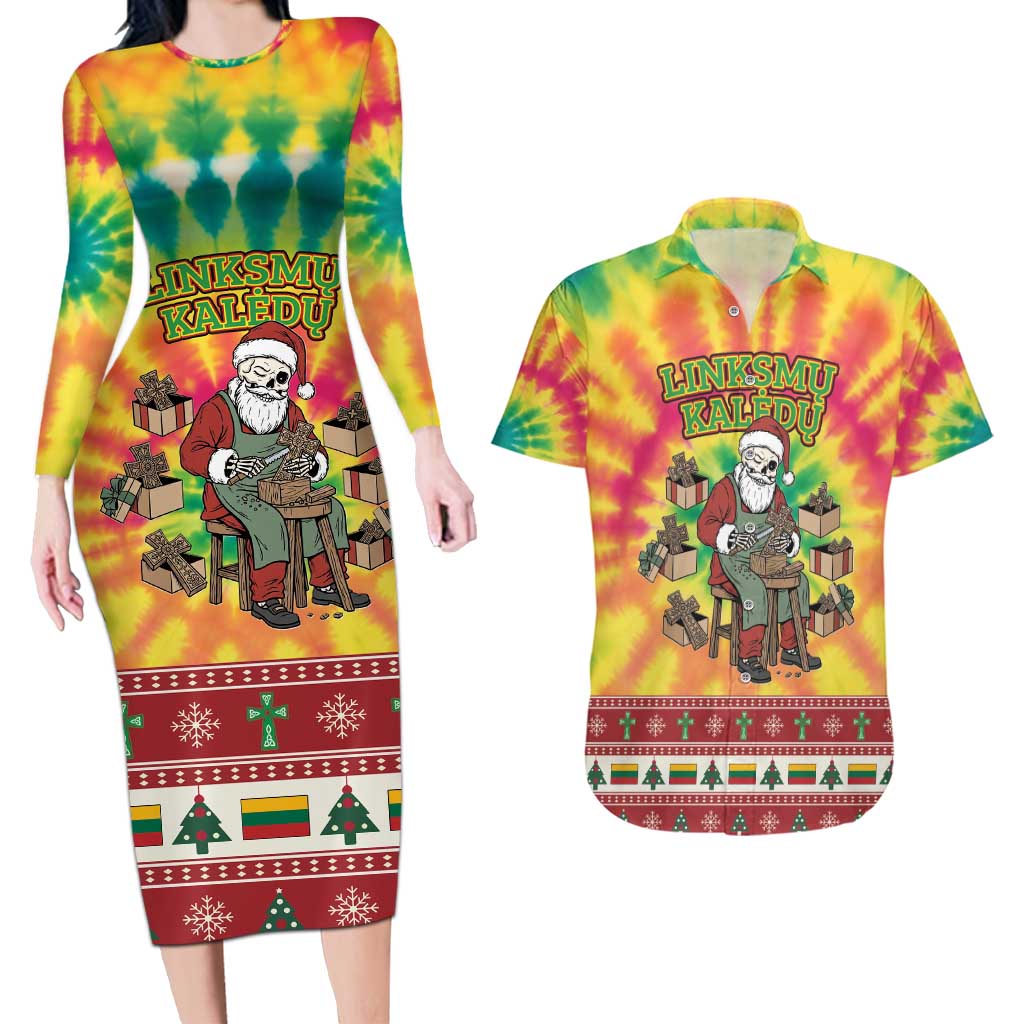 Personalized Lithuania Christmas Couples Matching Long Sleeve Bodycon Dress and Hawaiian Shirt Skeleton Cross Tie-Dye Vintage - Wonder Print Shop