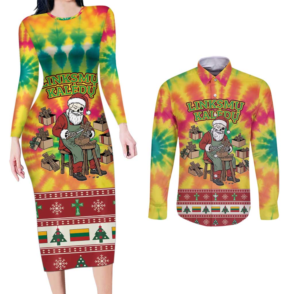 Personalized Lithuania Christmas Couples Matching Long Sleeve Bodycon Dress and Long Sleeve Button Shirt Skeleton Cross Tie-Dye Vintage - Wonder Print Shop