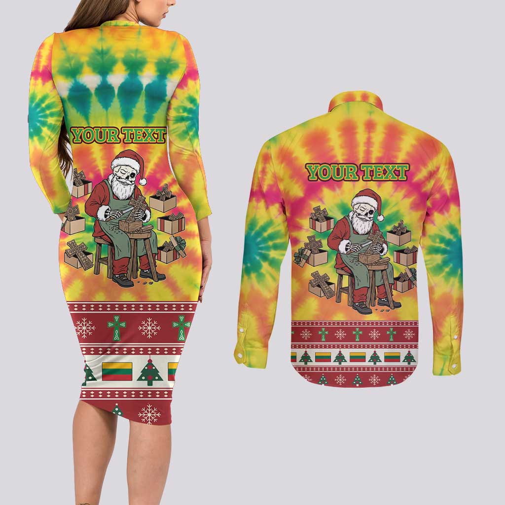 Personalized Lithuania Christmas Couples Matching Long Sleeve Bodycon Dress and Long Sleeve Button Shirt Skeleton Cross Tie-Dye Vintage - Wonder Print Shop