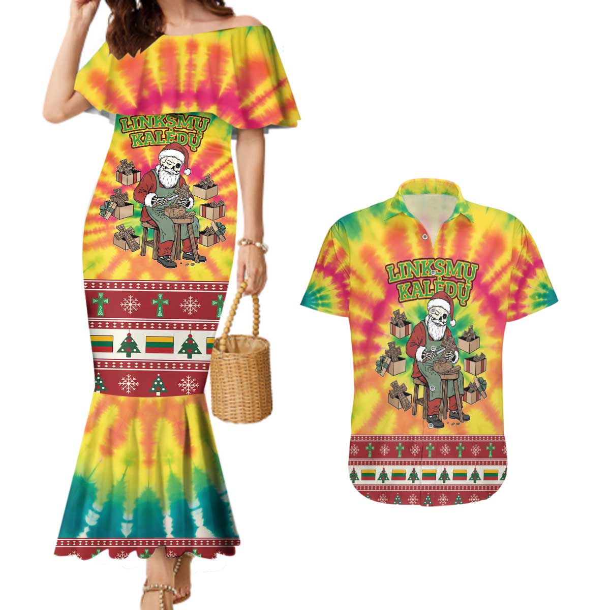 Personalized Lithuania Christmas Couples Matching Mermaid Dress and Hawaiian Shirt Skeleton Cross Tie-Dye Vintage - Wonder Print Shop