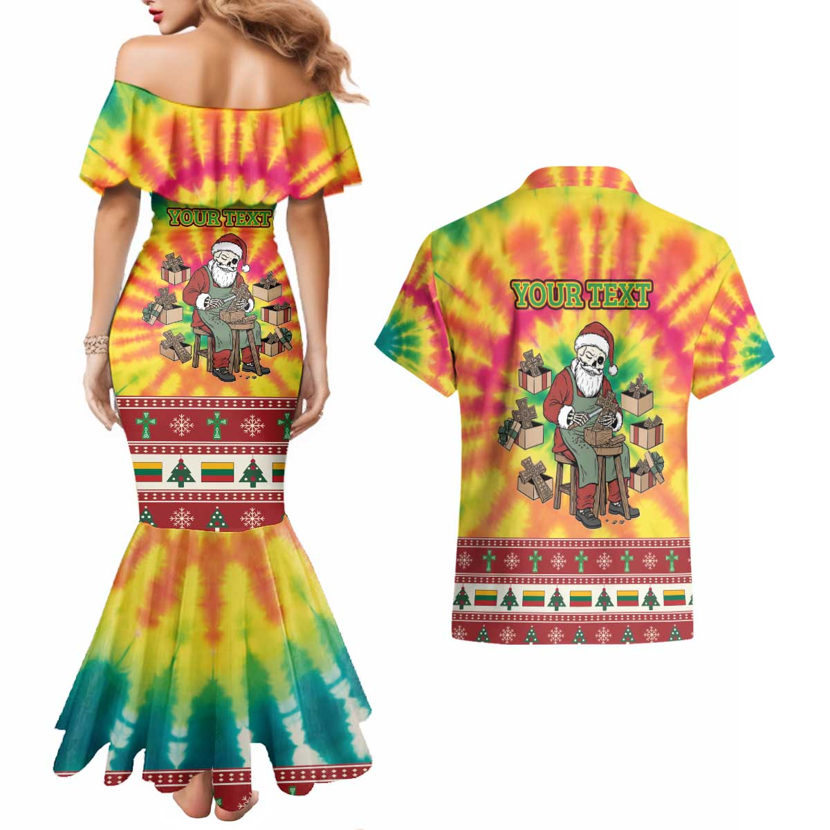 Personalized Lithuania Christmas Couples Matching Mermaid Dress and Hawaiian Shirt Skeleton Cross Tie-Dye Vintage - Wonder Print Shop