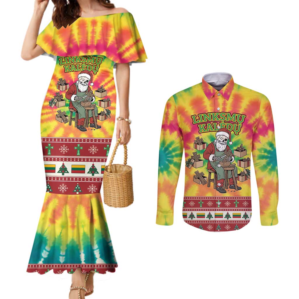 Personalized Lithuania Christmas Couples Matching Mermaid Dress and Long Sleeve Button Shirt Skeleton Cross Tie-Dye Vintage - Wonder Print Shop