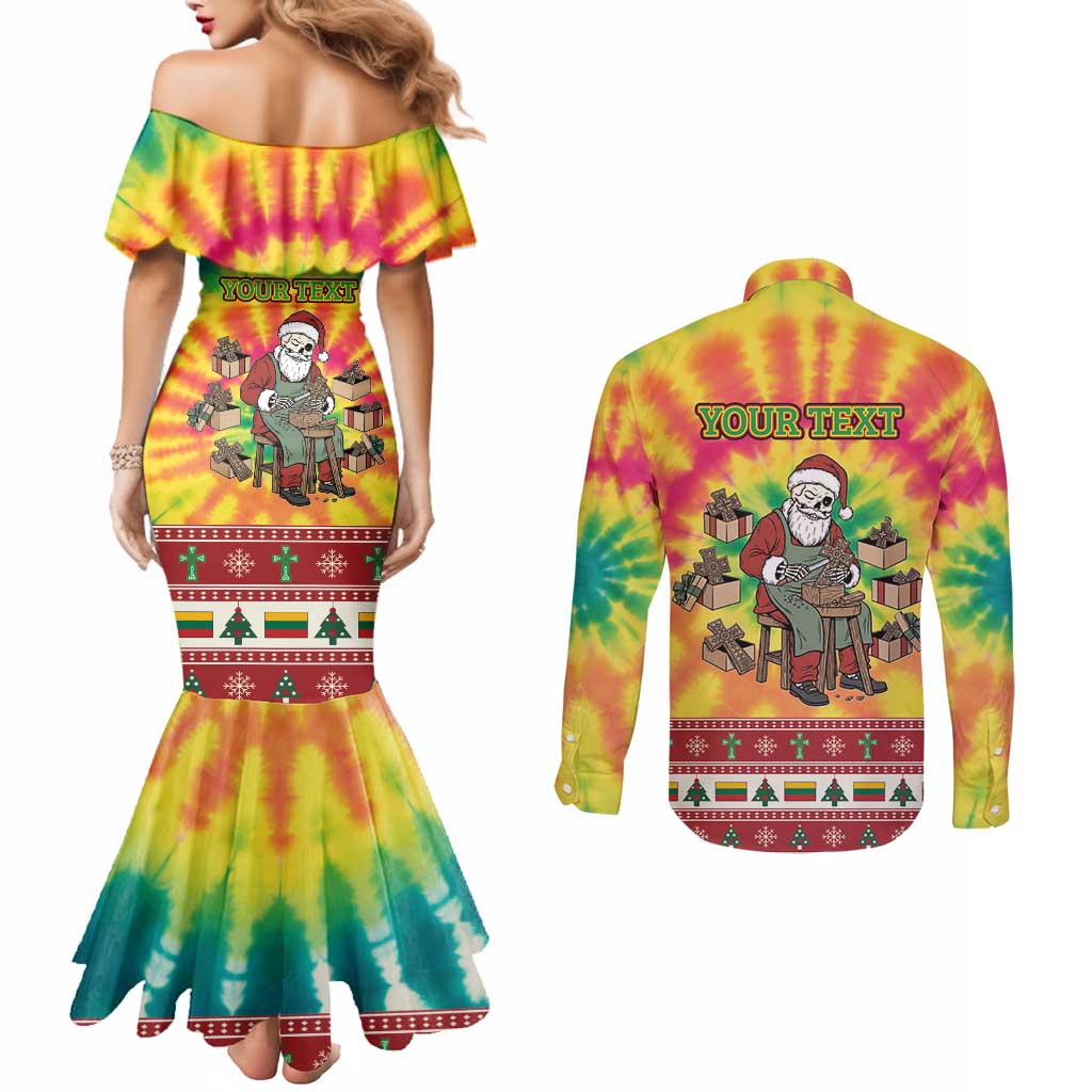 Personalized Lithuania Christmas Couples Matching Mermaid Dress and Long Sleeve Button Shirt Skeleton Cross Tie-Dye Vintage - Wonder Print Shop