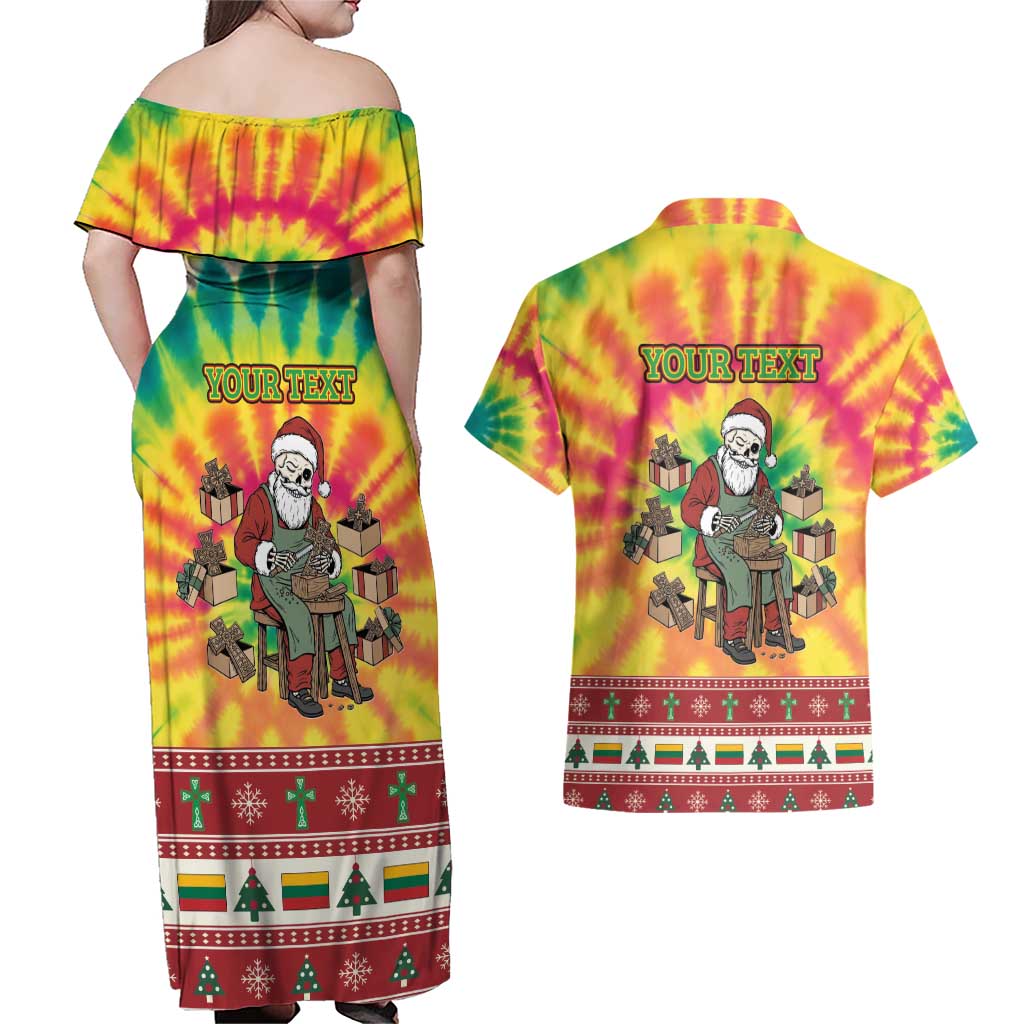 Personalized Lithuania Christmas Couples Matching Off Shoulder Maxi Dress and Hawaiian Shirt Skeleton Cross Tie-Dye Vintage - Wonder Print Shop