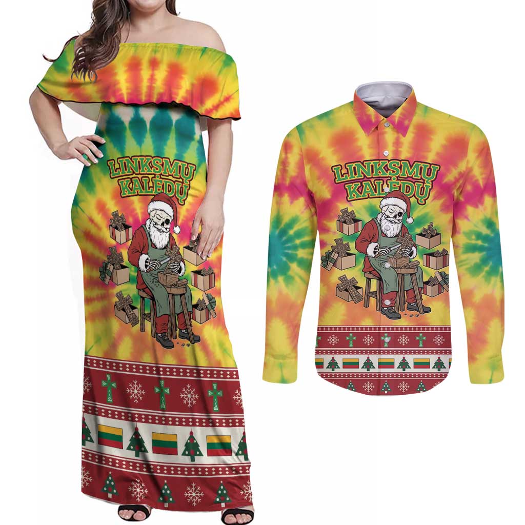 Personalized Lithuania Christmas Couples Matching Off Shoulder Maxi Dress and Long Sleeve Button Shirt Skeleton Cross Tie-Dye Vintage - Wonder Print Shop