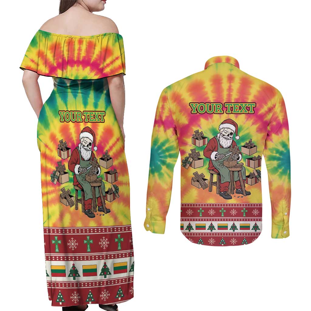Personalized Lithuania Christmas Couples Matching Off Shoulder Maxi Dress and Long Sleeve Button Shirt Skeleton Cross Tie-Dye Vintage - Wonder Print Shop