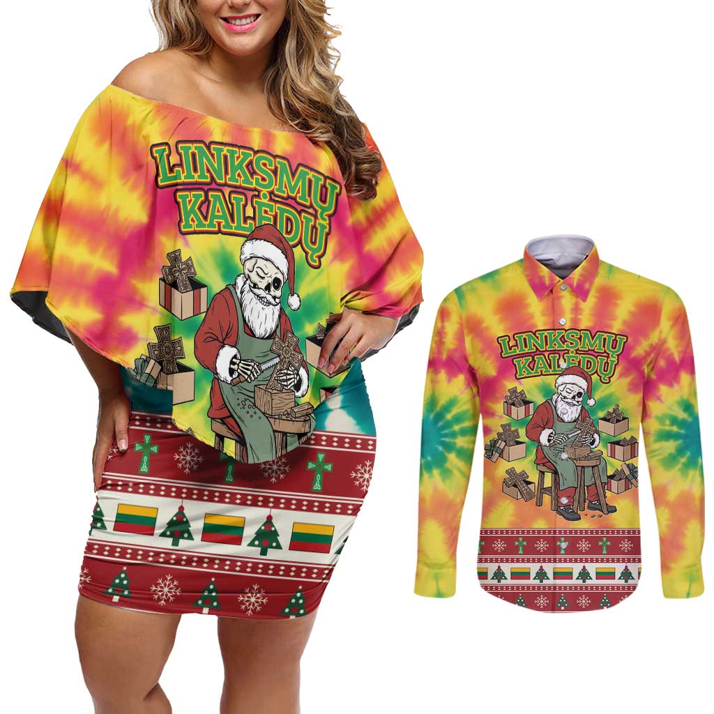 Personalized Lithuania Christmas Couples Matching Off Shoulder Short Dress and Long Sleeve Button Shirt Skeleton Cross Tie-Dye Vintage - Wonder Print Shop