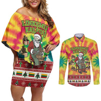 Personalized Lithuania Christmas Couples Matching Off Shoulder Short Dress and Long Sleeve Button Shirt Skeleton Cross Tie-Dye Vintage - Wonder Print Shop