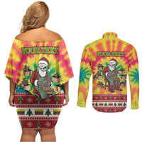 Personalized Lithuania Christmas Couples Matching Off Shoulder Short Dress and Long Sleeve Button Shirt Skeleton Cross Tie-Dye Vintage - Wonder Print Shop