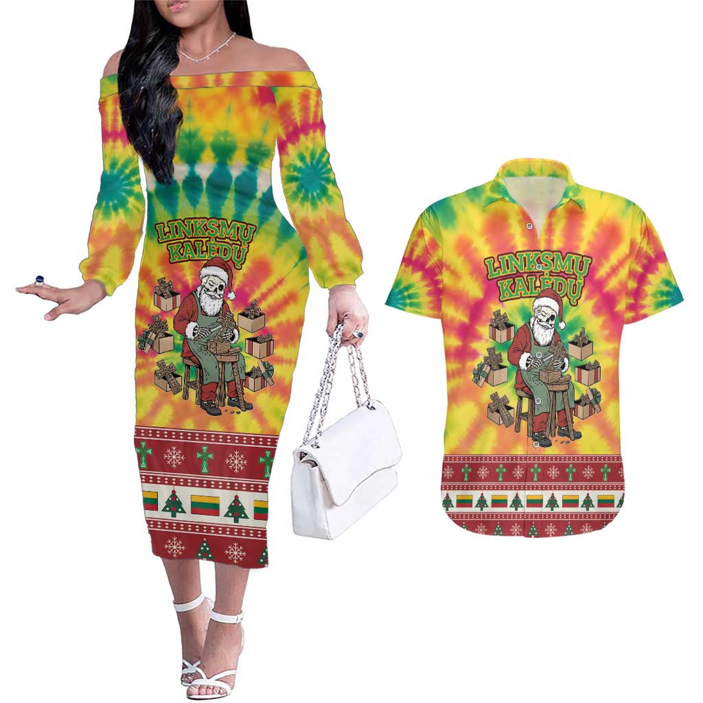 Personalized Lithuania Christmas Couples Matching Off The Shoulder Long Sleeve Dress and Hawaiian Shirt Skeleton Cross Tie-Dye Vintage - Wonder Print Shop