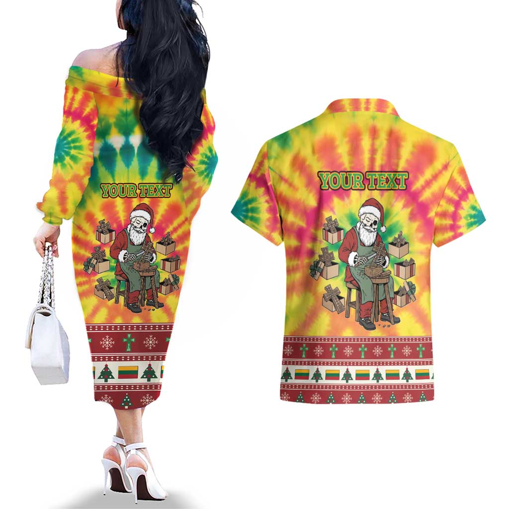 Personalized Lithuania Christmas Couples Matching Off The Shoulder Long Sleeve Dress and Hawaiian Shirt Skeleton Cross Tie-Dye Vintage - Wonder Print Shop