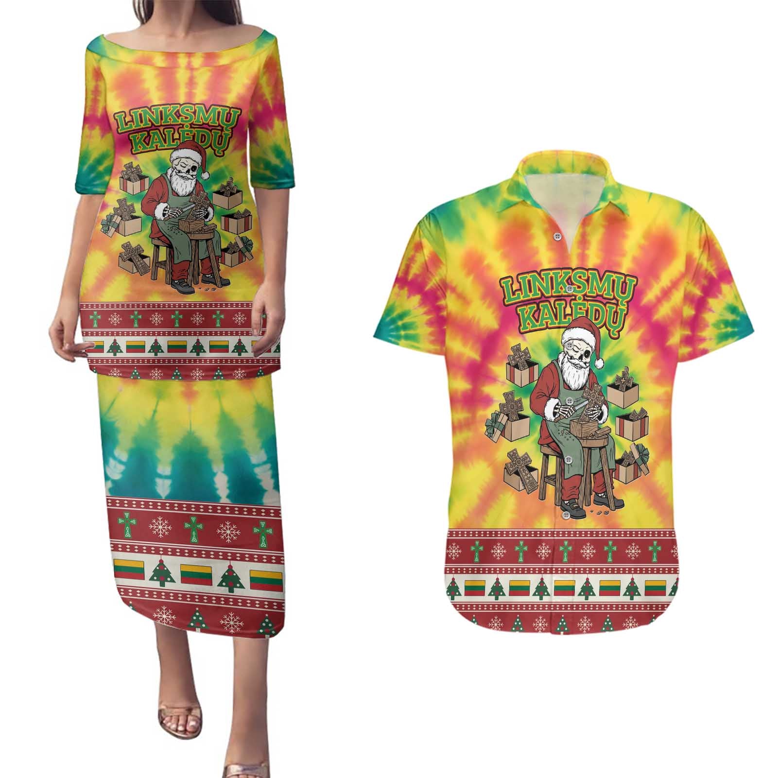 Personalized Lithuania Christmas Couples Matching Puletasi and Hawaiian Shirt Skeleton Cross Tie-Dye Vintage - Wonder Print Shop