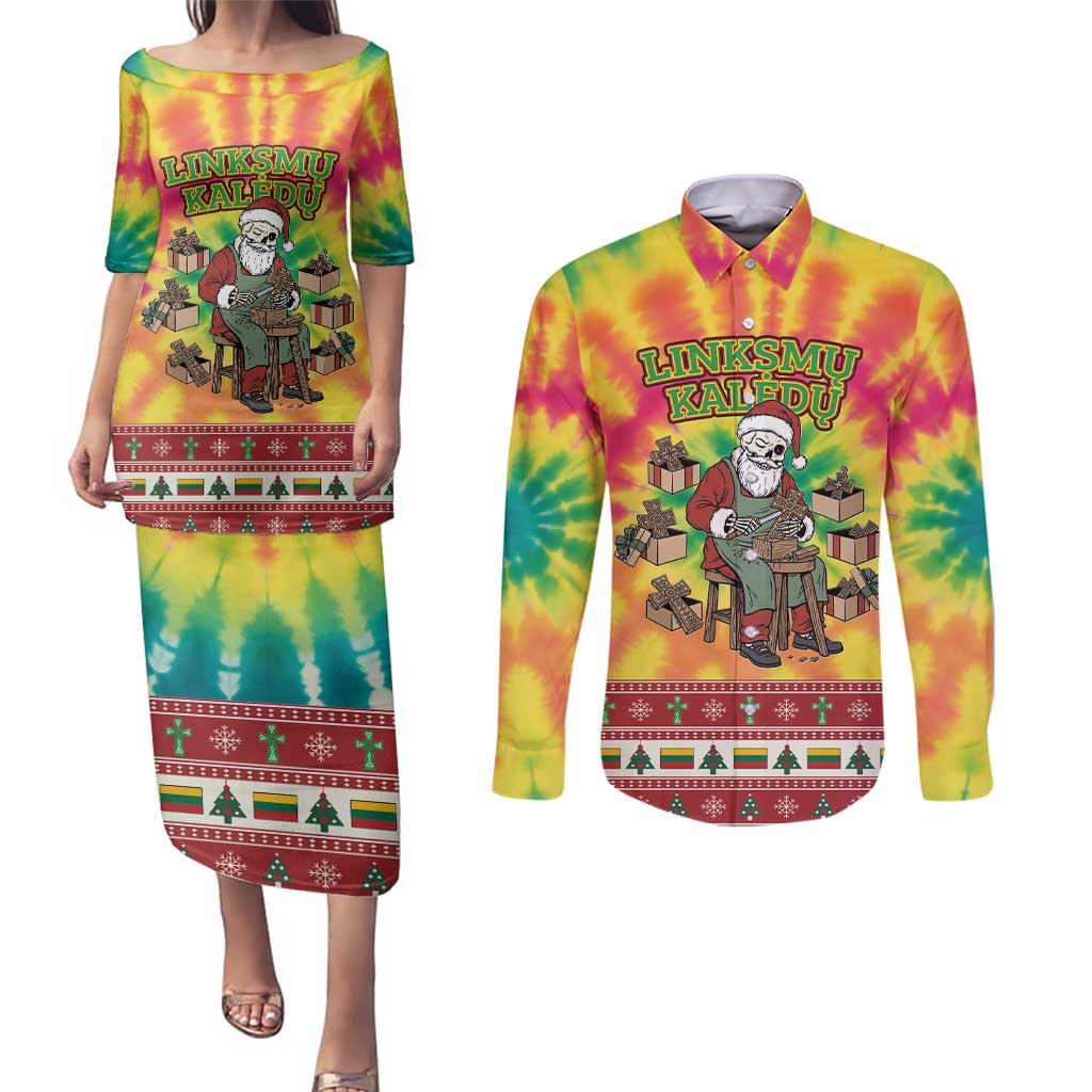 Personalized Lithuania Christmas Couples Matching Puletasi and Long Sleeve Button Shirt Skeleton Cross Tie-Dye Vintage - Wonder Print Shop