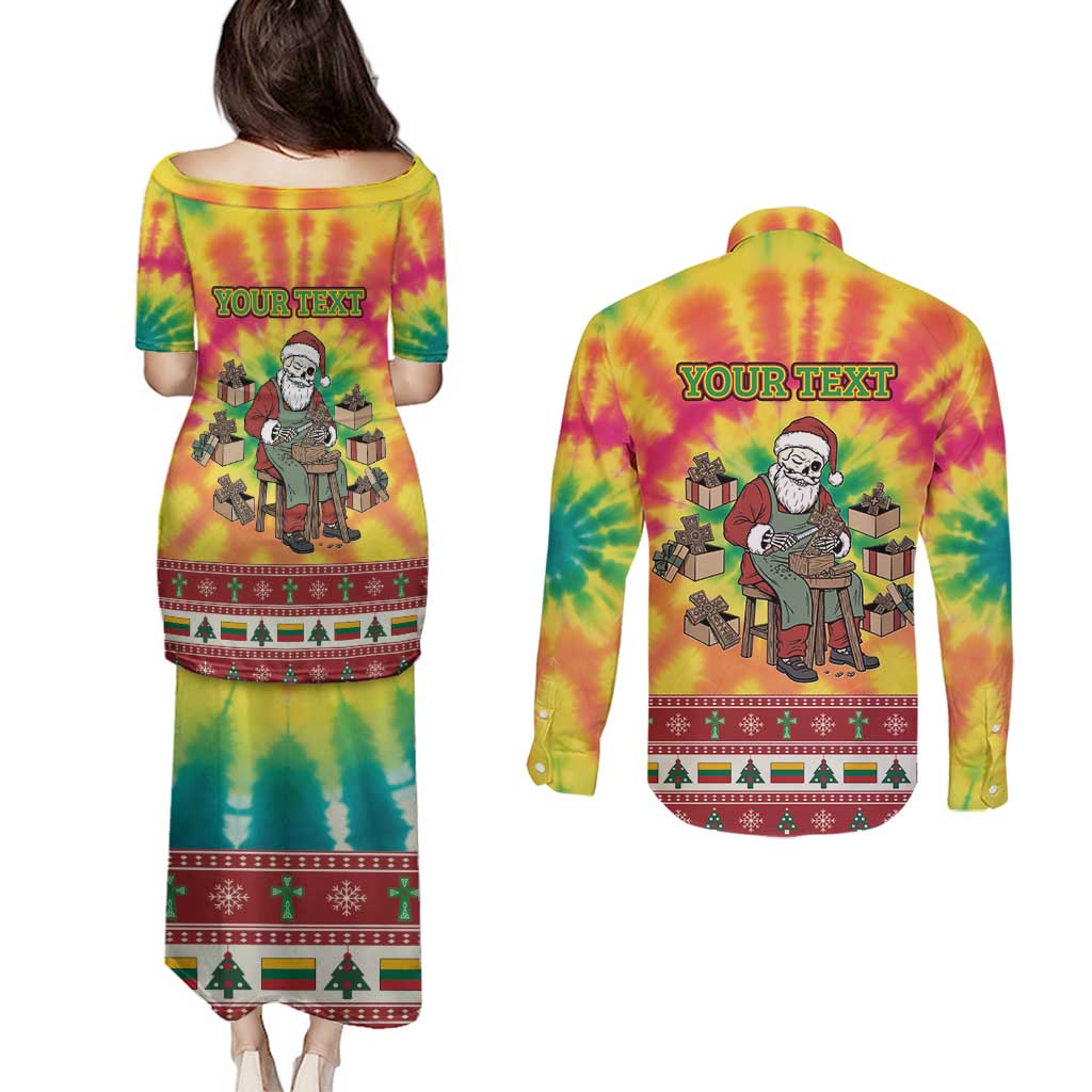 Personalized Lithuania Christmas Couples Matching Puletasi and Long Sleeve Button Shirt Skeleton Cross Tie-Dye Vintage - Wonder Print Shop
