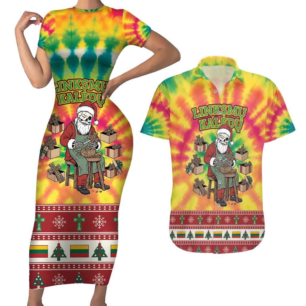 Personalized Lithuania Christmas Couples Matching Short Sleeve Bodycon Dress and Hawaiian Shirt Skeleton Cross Tie-Dye Vintage - Wonder Print Shop