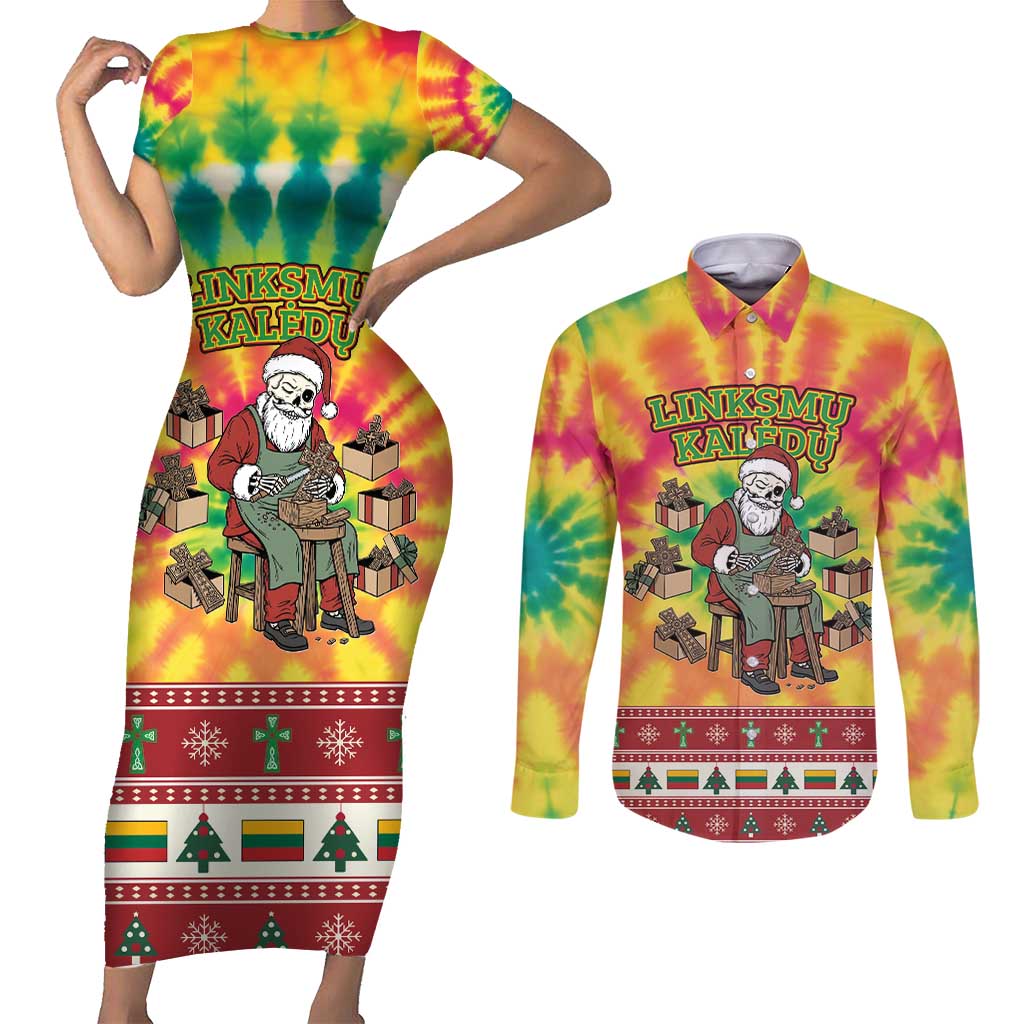 Personalized Lithuania Christmas Couples Matching Short Sleeve Bodycon Dress and Long Sleeve Button Shirt Skeleton Cross Tie-Dye Vintage - Wonder Print Shop