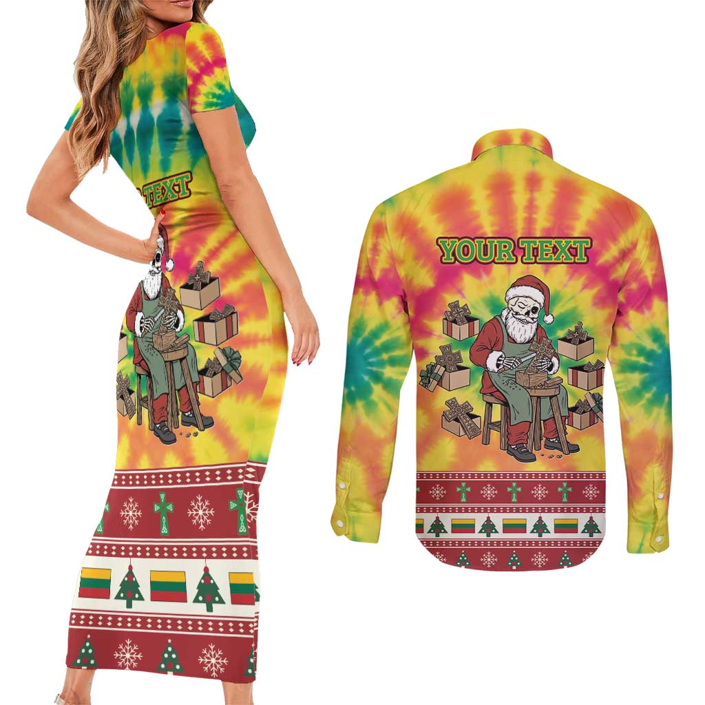 Personalized Lithuania Christmas Couples Matching Short Sleeve Bodycon Dress and Long Sleeve Button Shirt Skeleton Cross Tie-Dye Vintage - Wonder Print Shop
